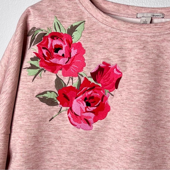 Halogen Oversized Heather Pink Sweatshirt Small Embroidered Roses Dolman Sleeves - Picture 3 of 14
